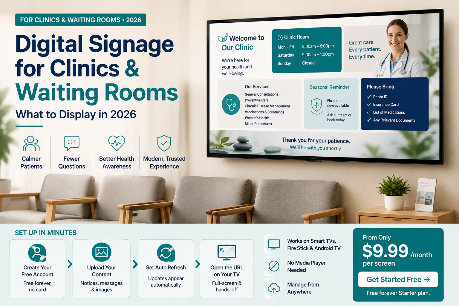Digital Signage for Clinics and Waiting Rooms: What to Display in 2026